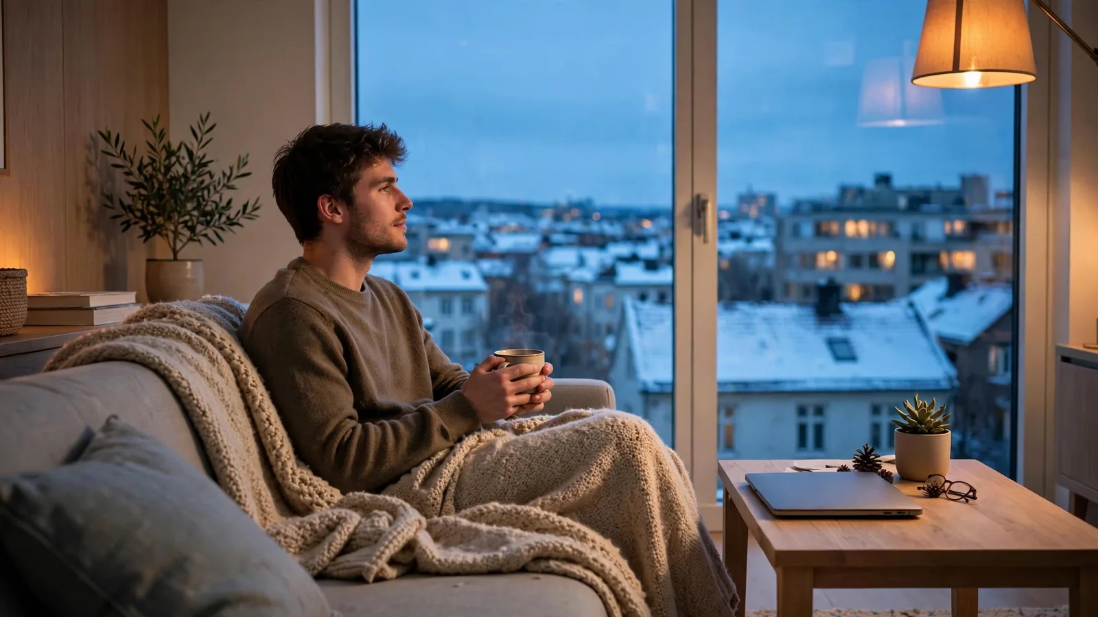 Rolig scene i en norsk stue ved skumring med en kopp kaffe