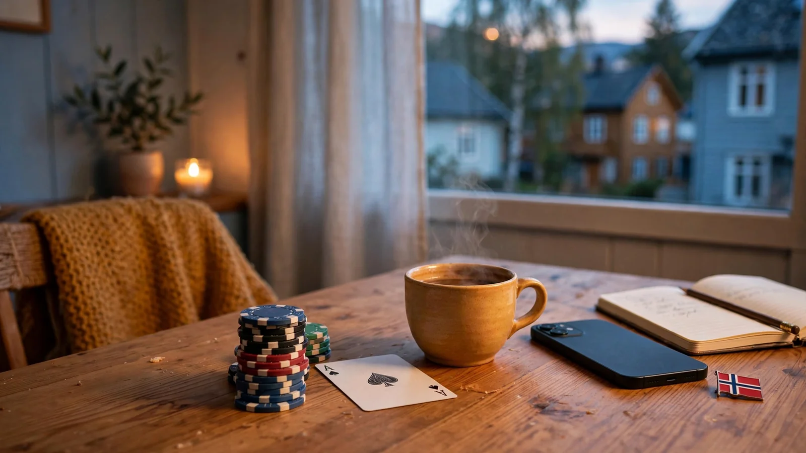 Casino-spillchips og kort på et norsk hjemmebord