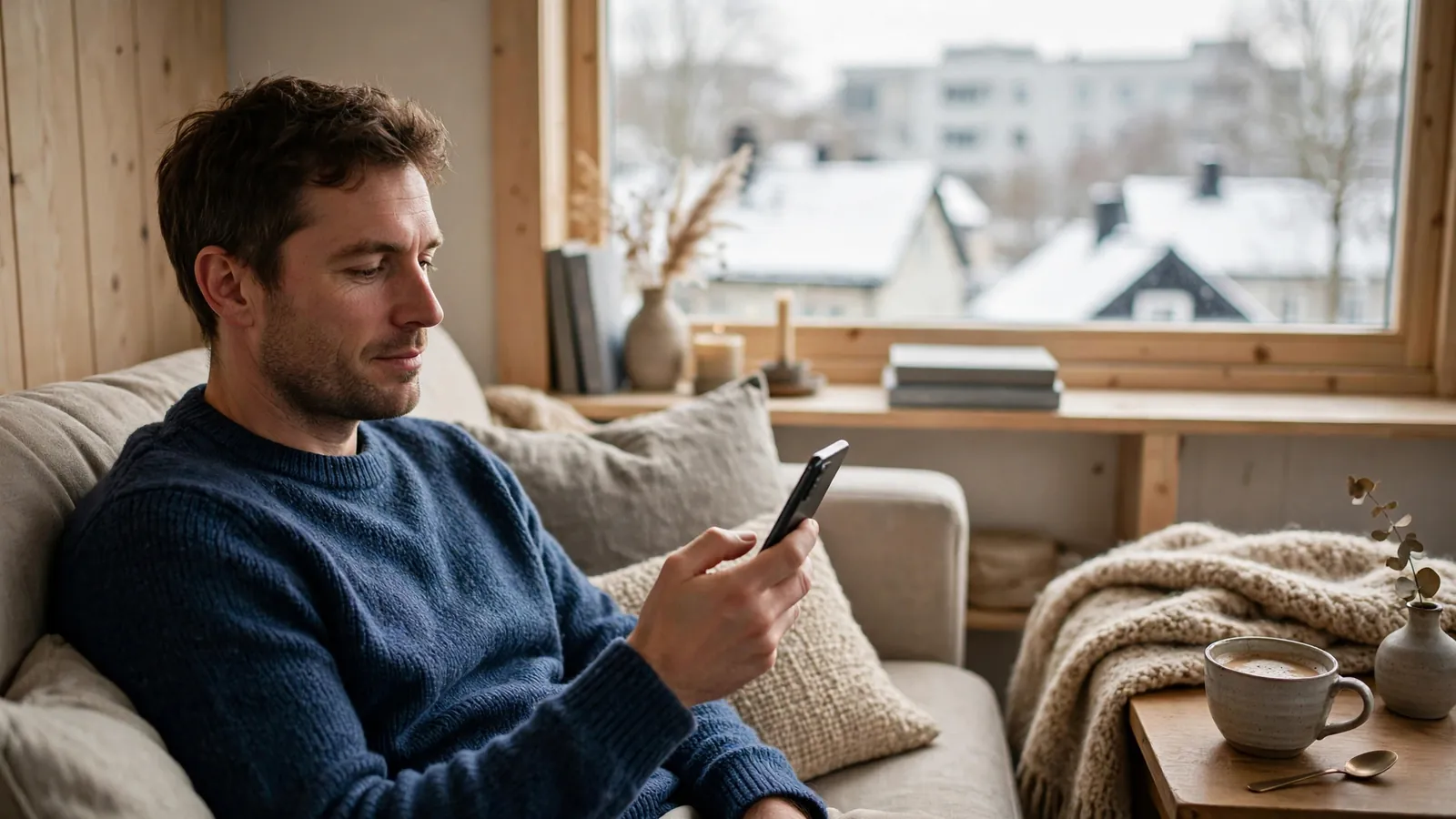 Person i norsk stue med telefon, kaffe og varm pledd