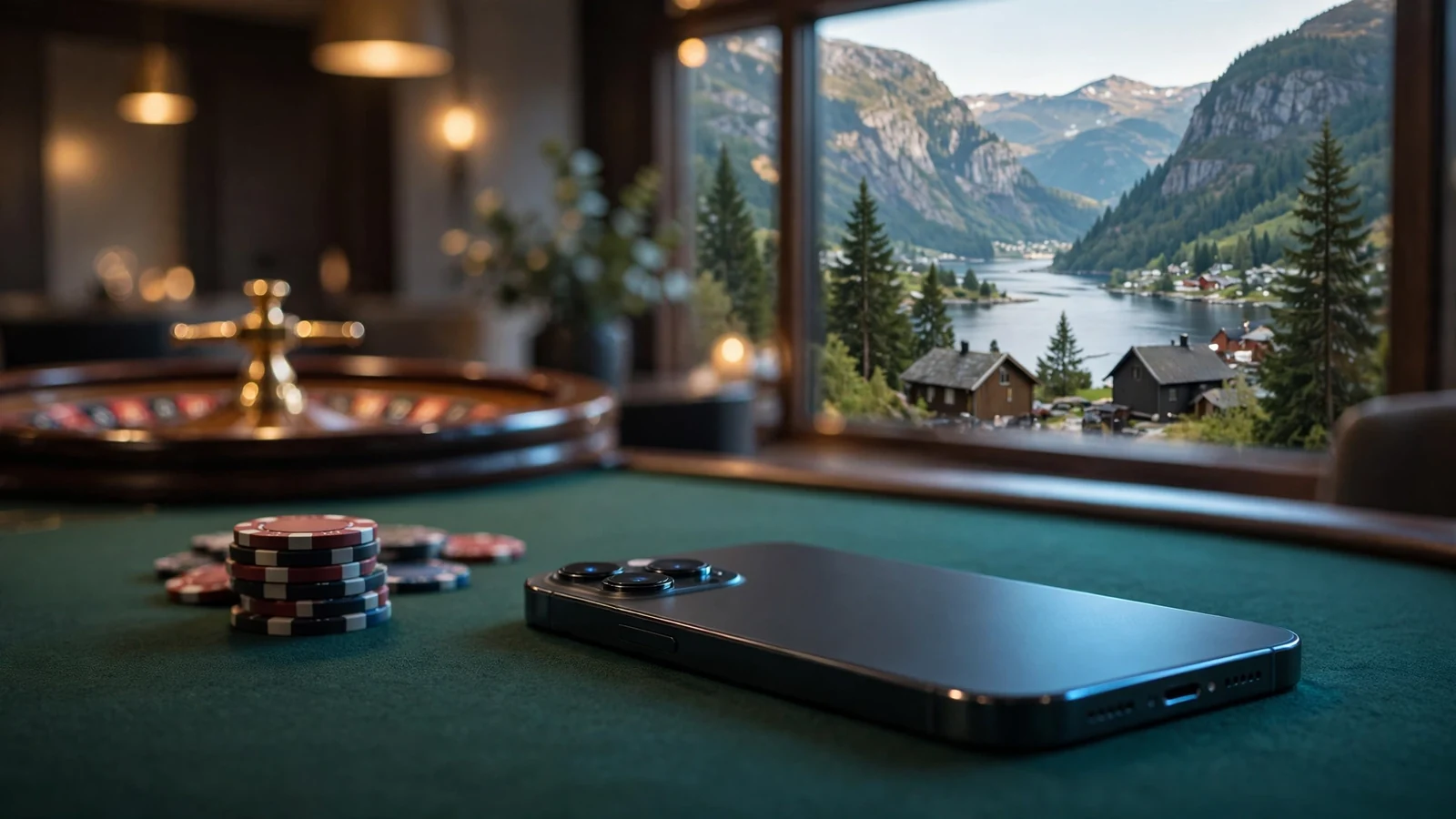 iPhone vendt bort ved siden av Jetonger på casinobord med rulett