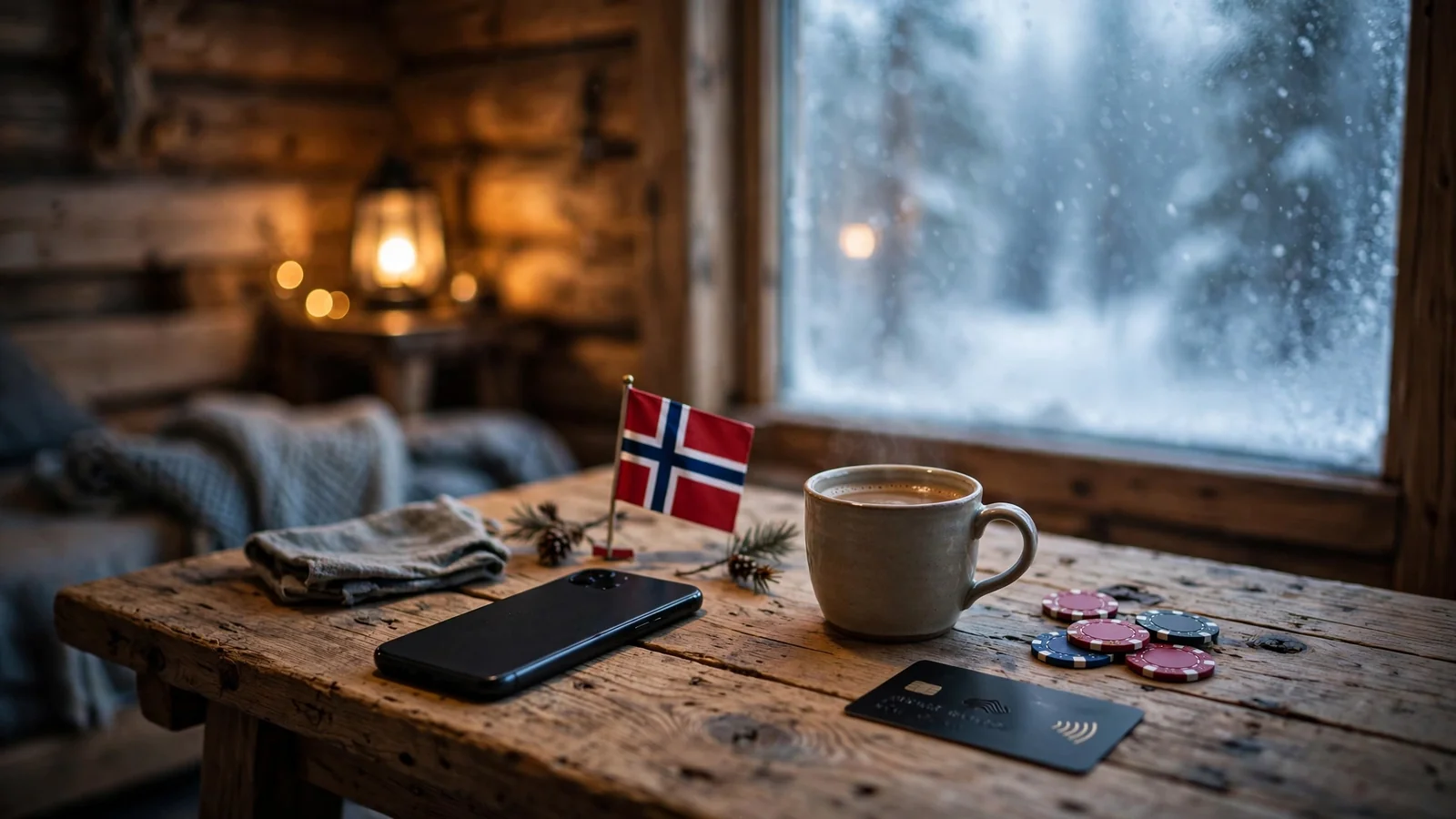 Hyttestue med telefon, kort og casinobrikker på bordet