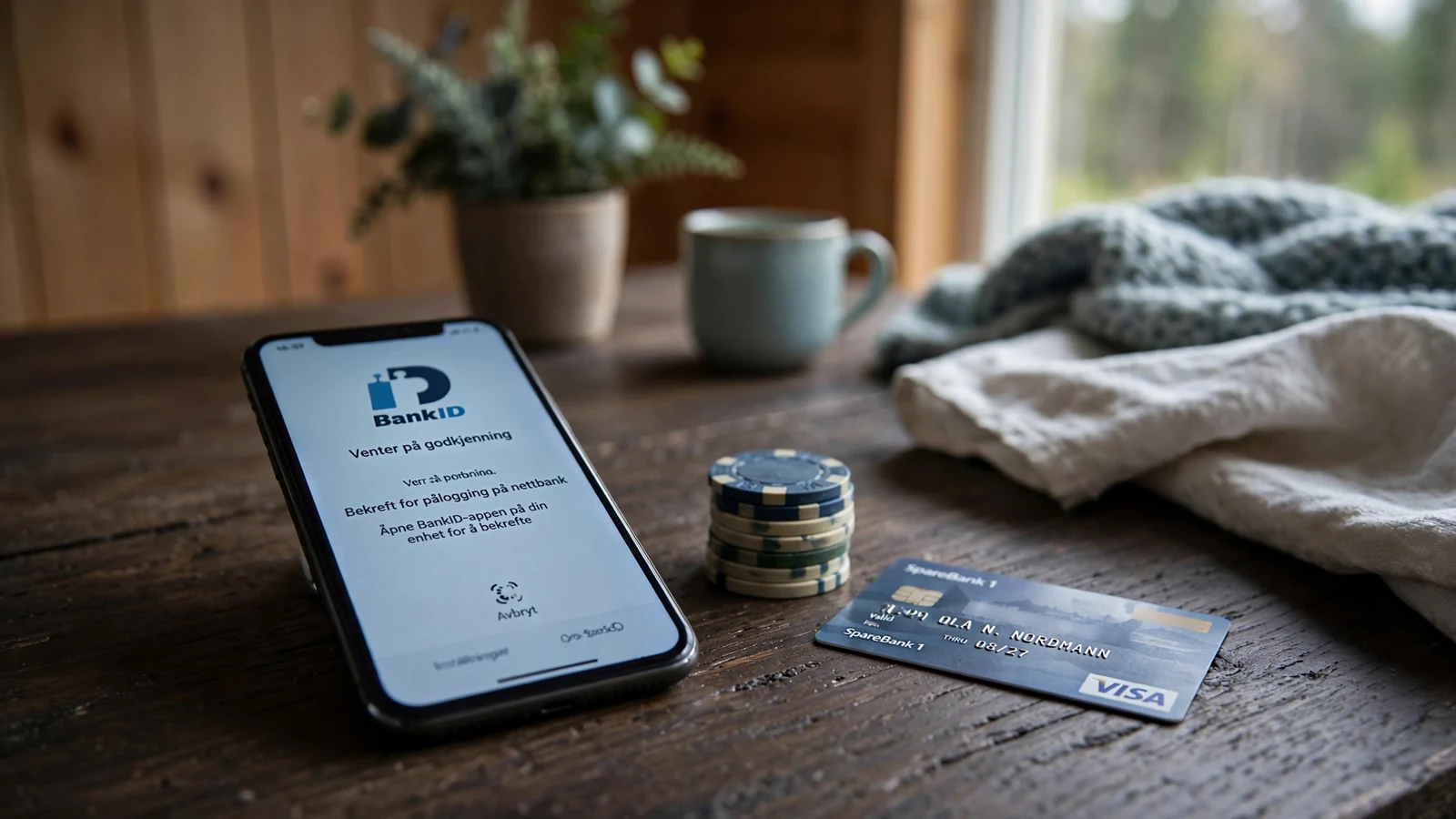 Smarttelefon med BankID-godkjenning på et norsk bord ved siden av sjetonger