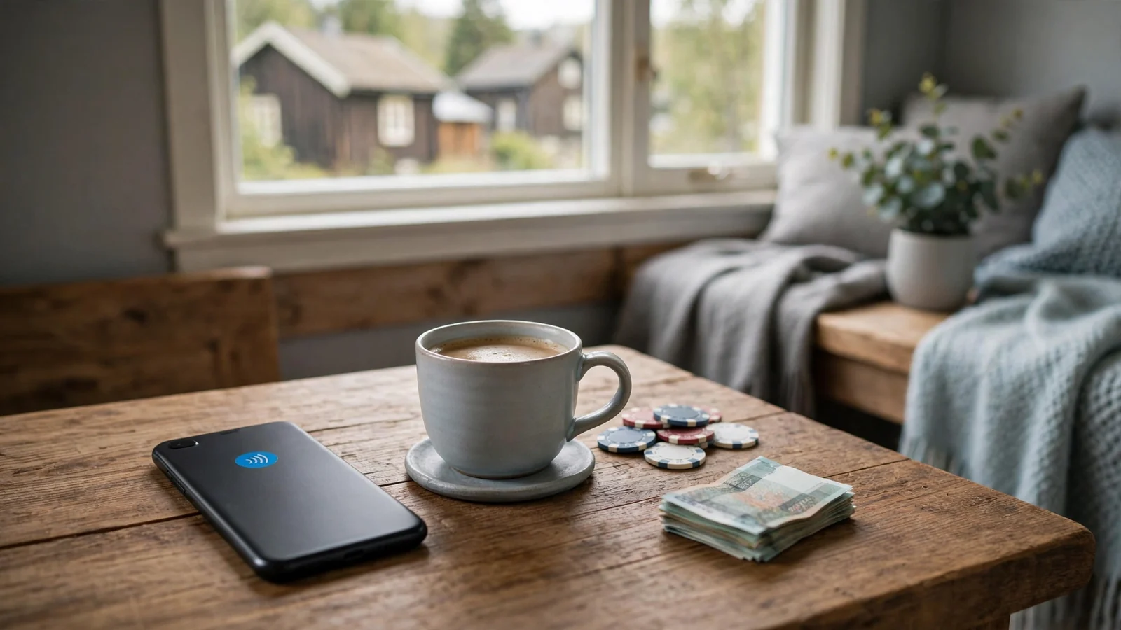 Smartphone på bordet med Google Pay-betaling og pokerjetonger ved siden av kaffe