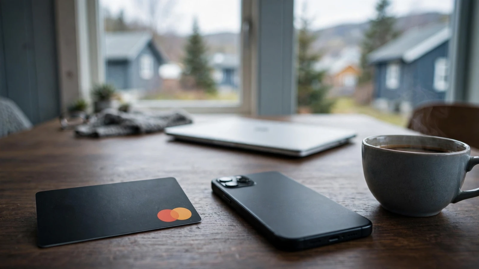 Mastercard-kort på et norsk bord med telefon og kaffe