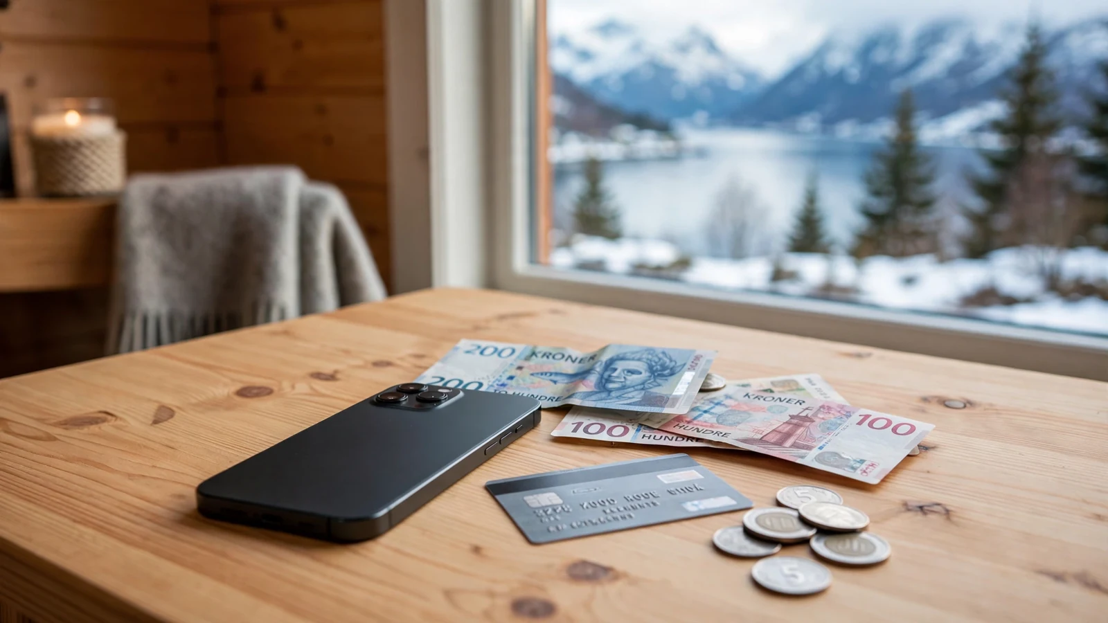 Smarttelefon og kredittkort på et nordisk skrivebord med norske kroner ved siden av