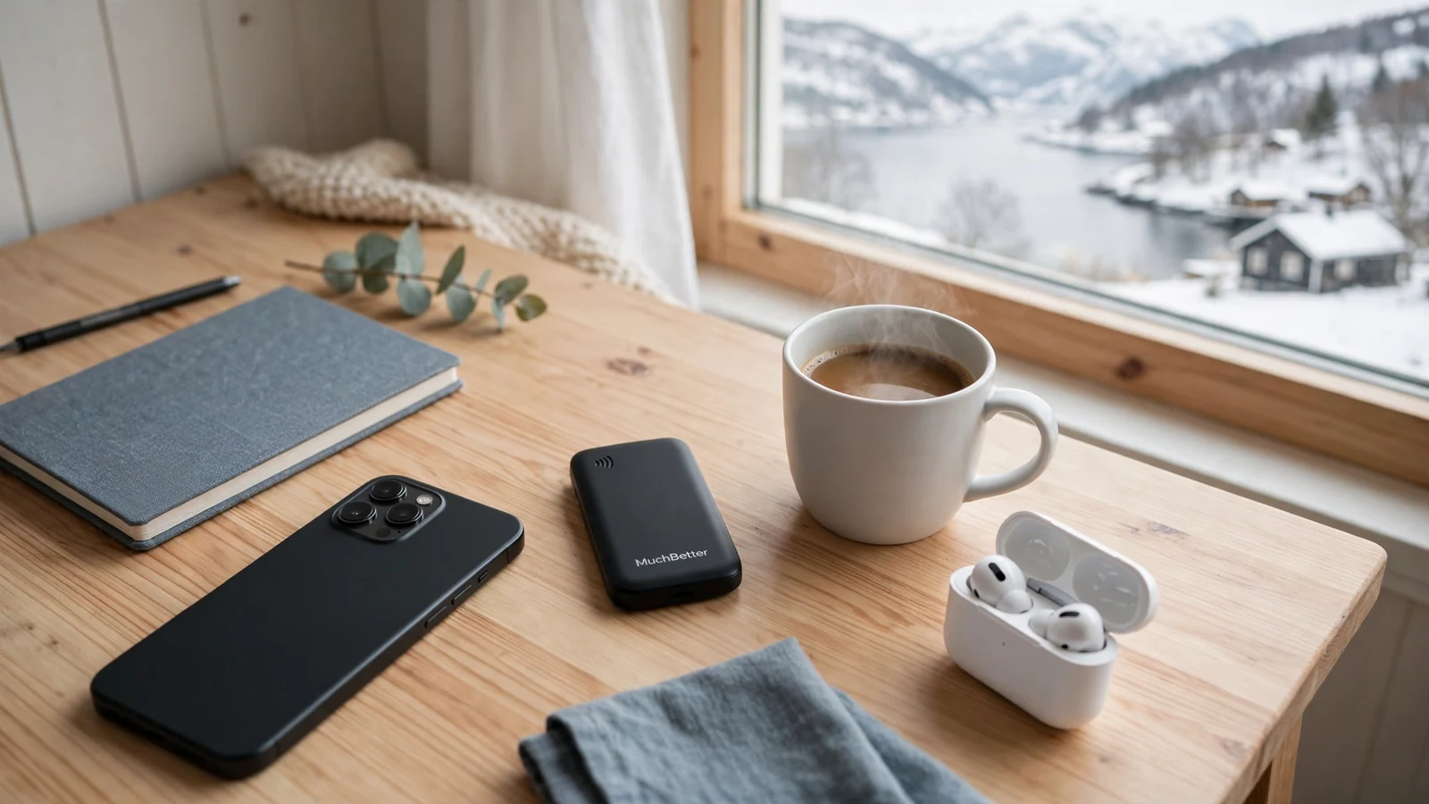 Smarttelefon og betalingsenhet på et nordisk bord ved siden av en kopp kaffe