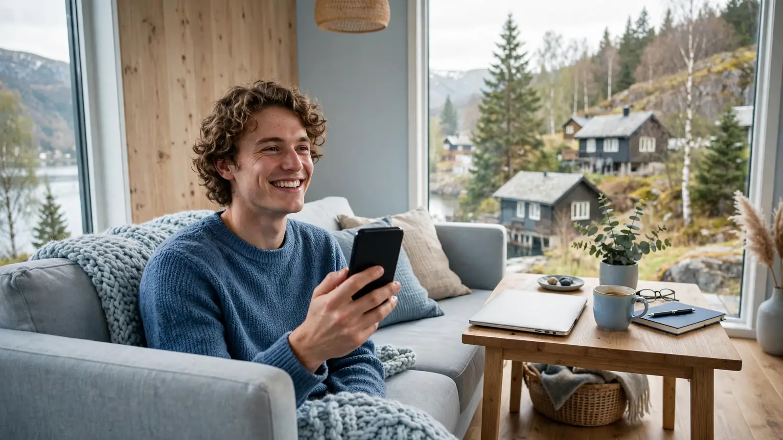Person i moderne norsk stue som bekrefter en mobilbetaling