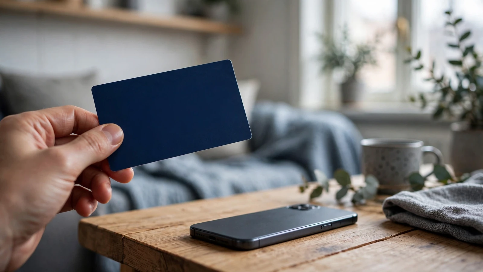 Hånd som holder et Paysafecard-kort ved siden av en smarttelefon i Norge.