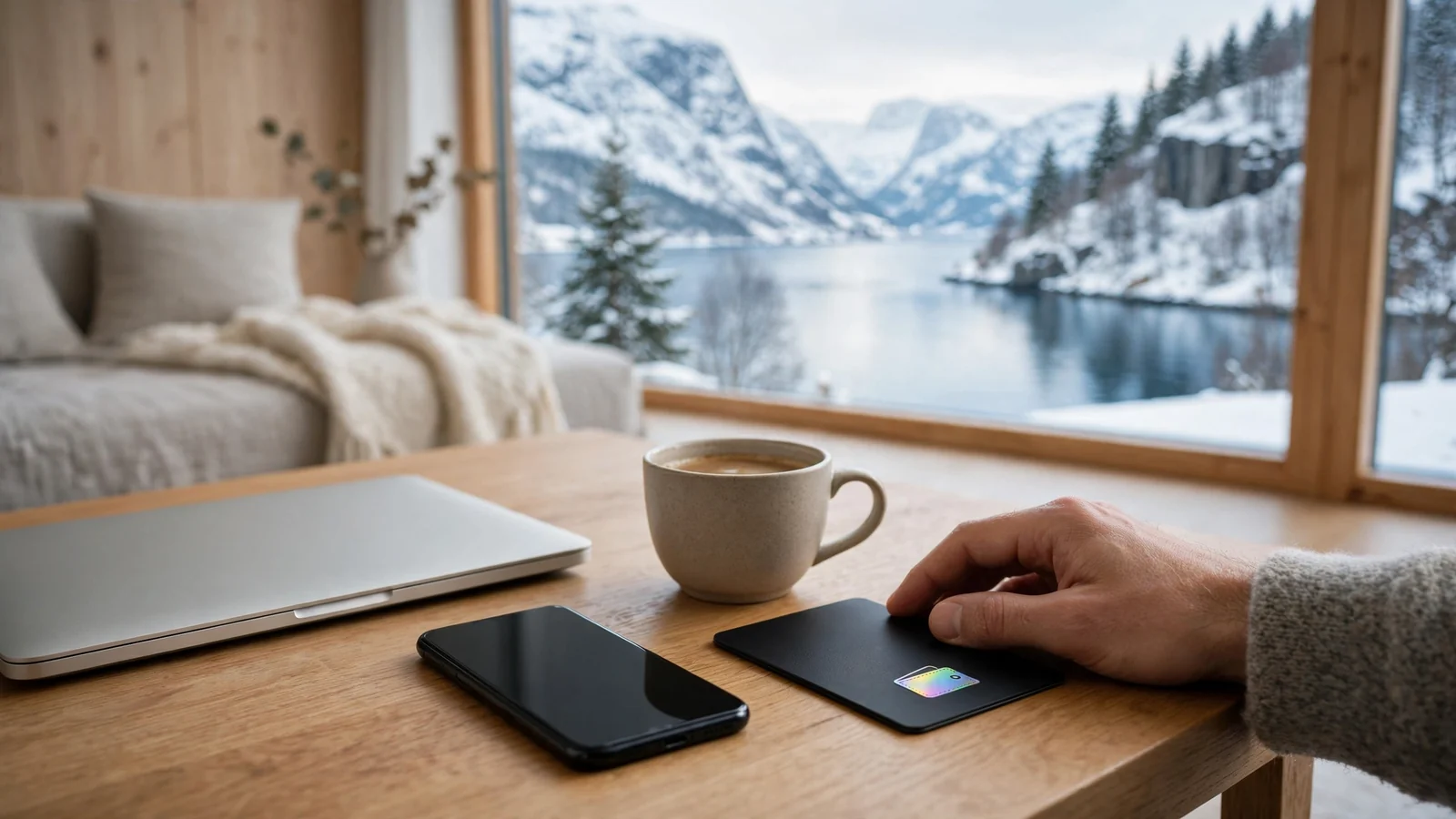 Moderne norsk stue med lukket laptop, telefon og et betalingskort på bordet ved siden av en kopp kaffe.
