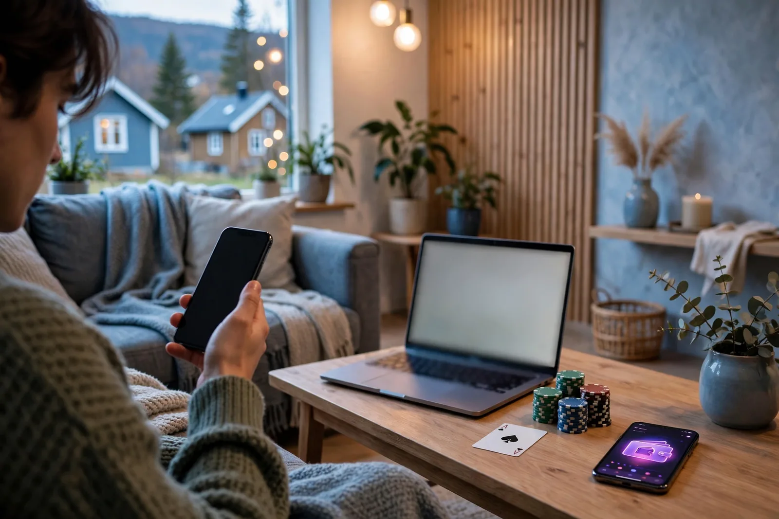 Person som bruker Skrill på nettcasino i moderne norsk stue
