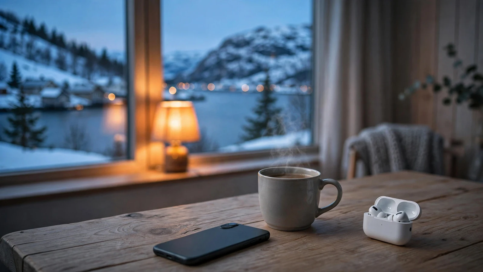 Smarttelefon på bord ved norsk fjordvindu ved skumring
