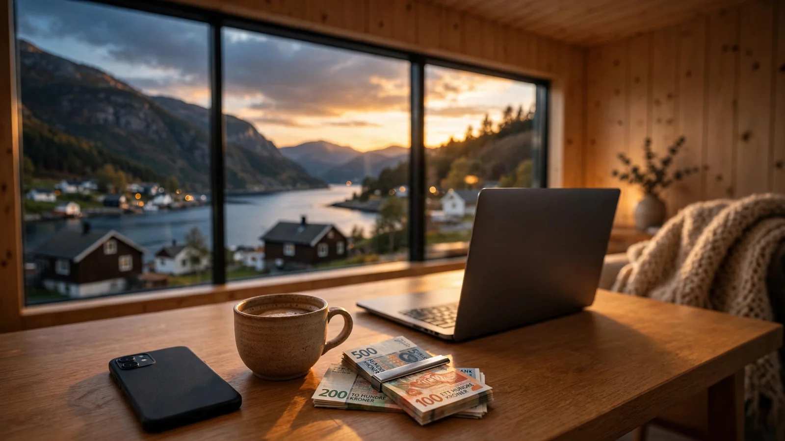 Norske kroner på skrivebord ved innsjø om vinden