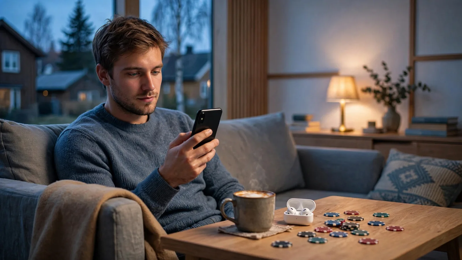 Avslappet nordmann med telefon og casinobrikker i stuen