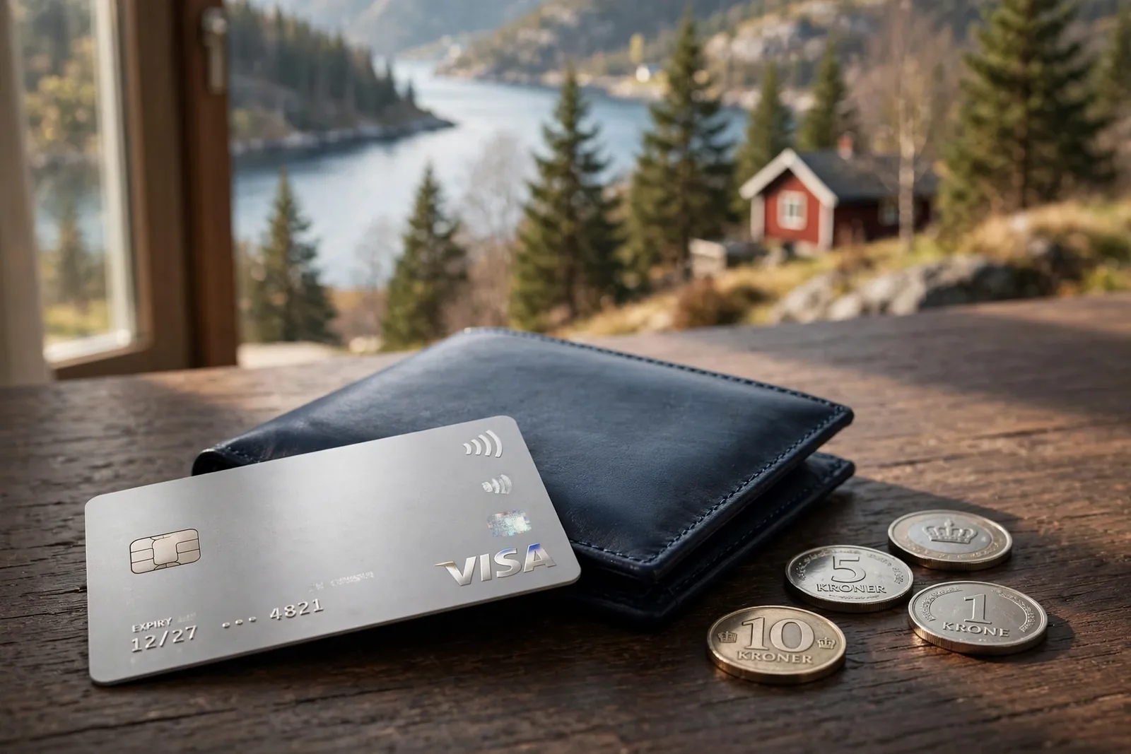 Visa-kredittkort på skrivebord med norsk fjord i bakgrunnen