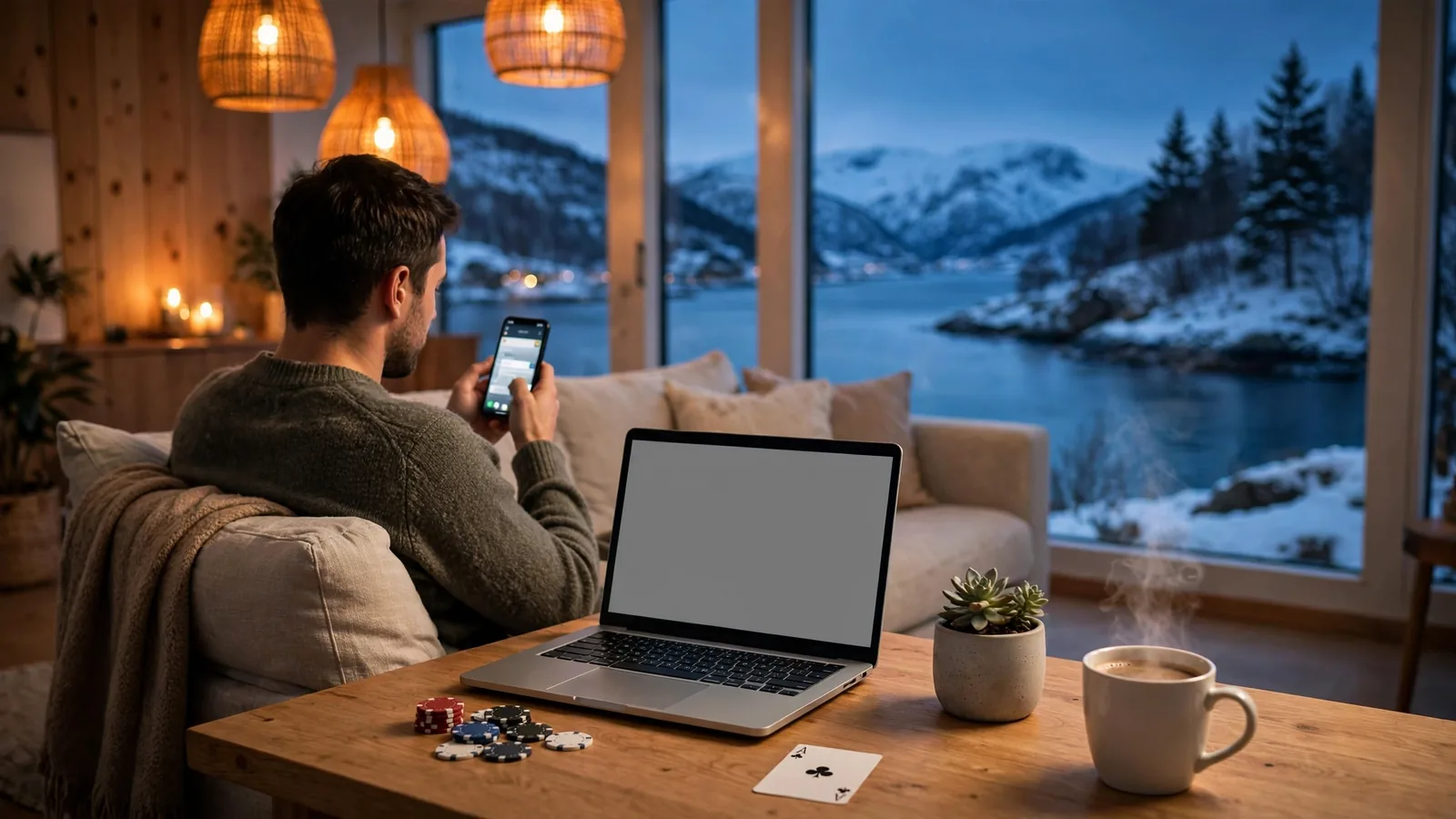 Person som spiller på nettcasino med mobil i en moderne norsk stue med utsikt over vinterfjord