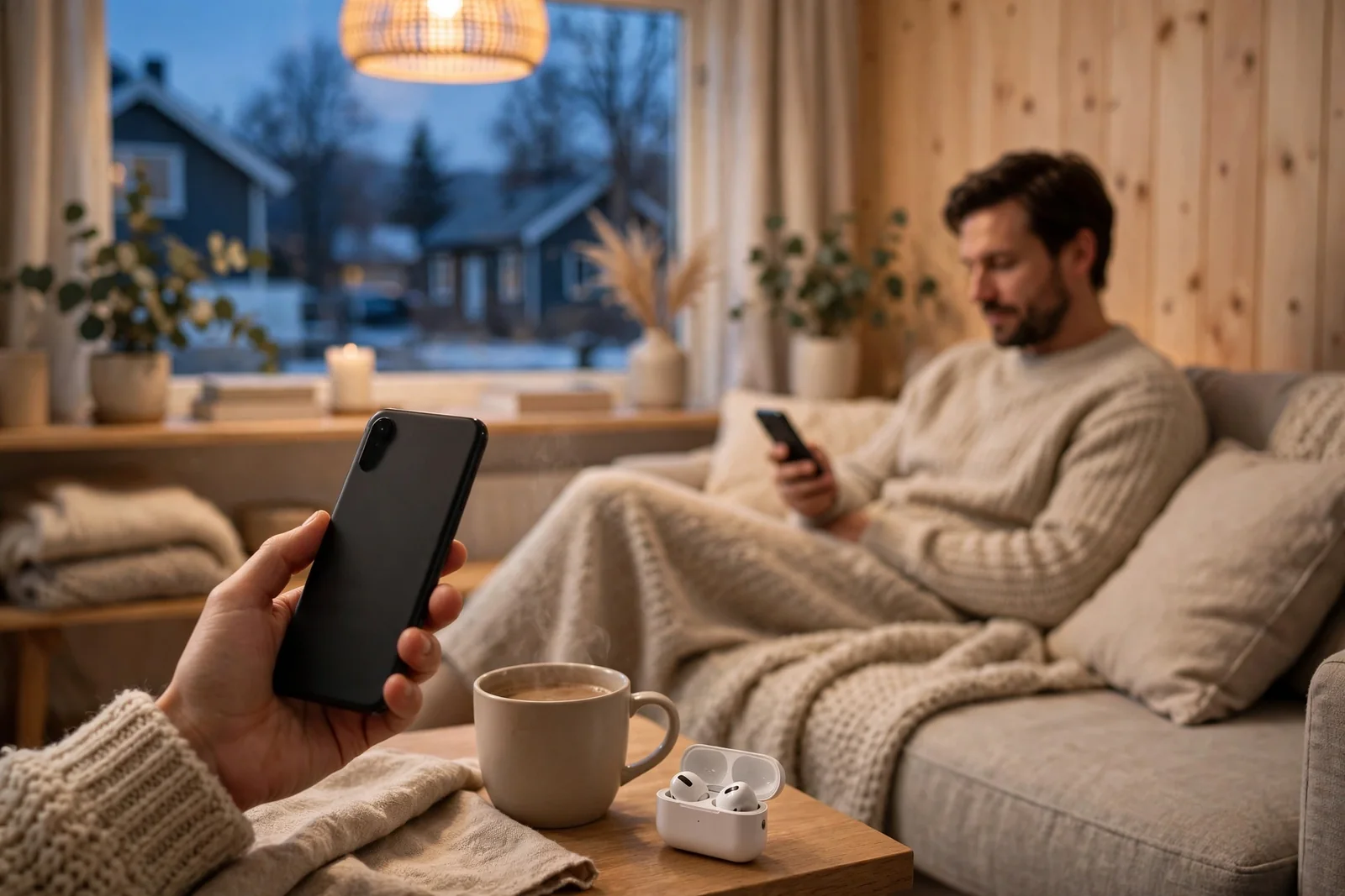 Person med Android-telefon i koselig norsk stue