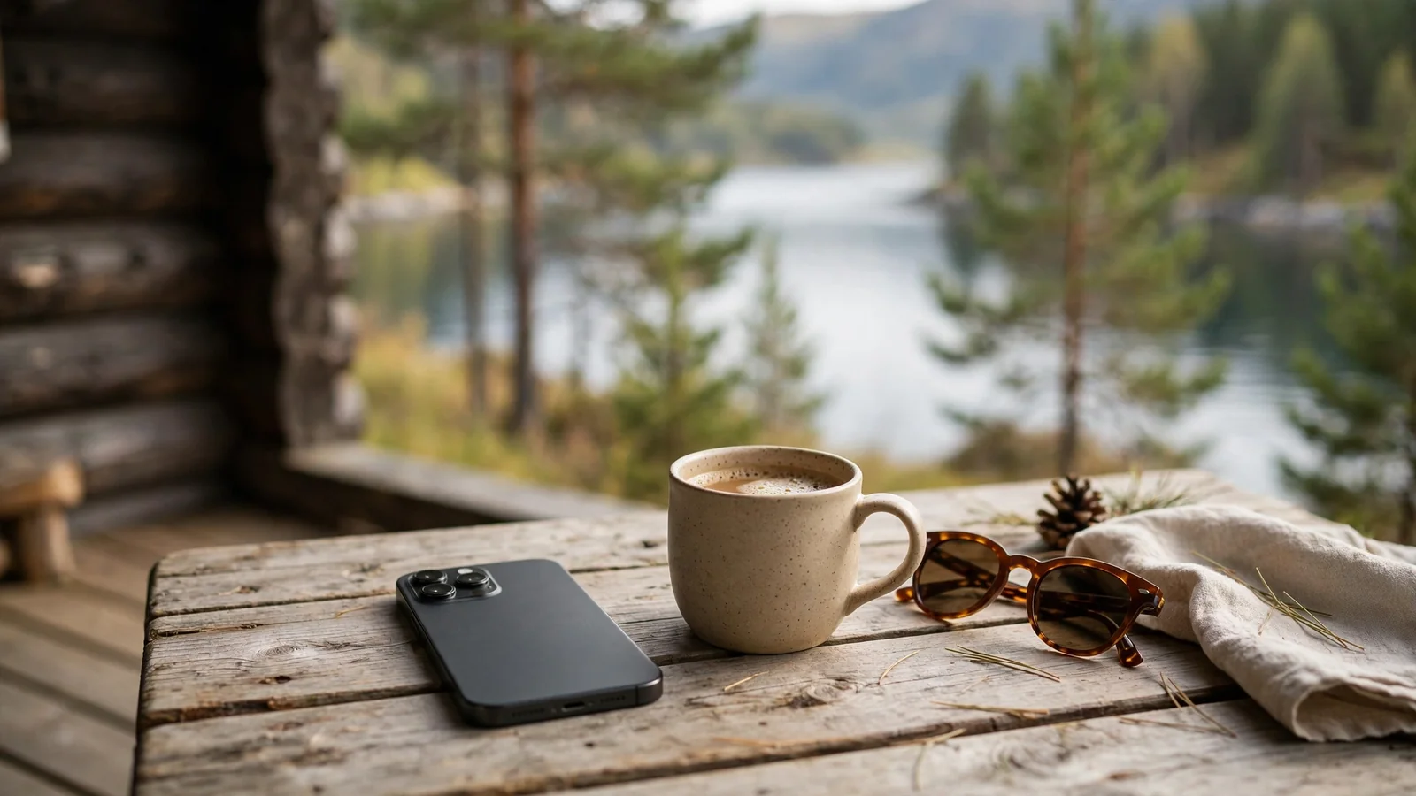 iPhone vendt ned på et trebord ved en norsk hytte ved fjorden