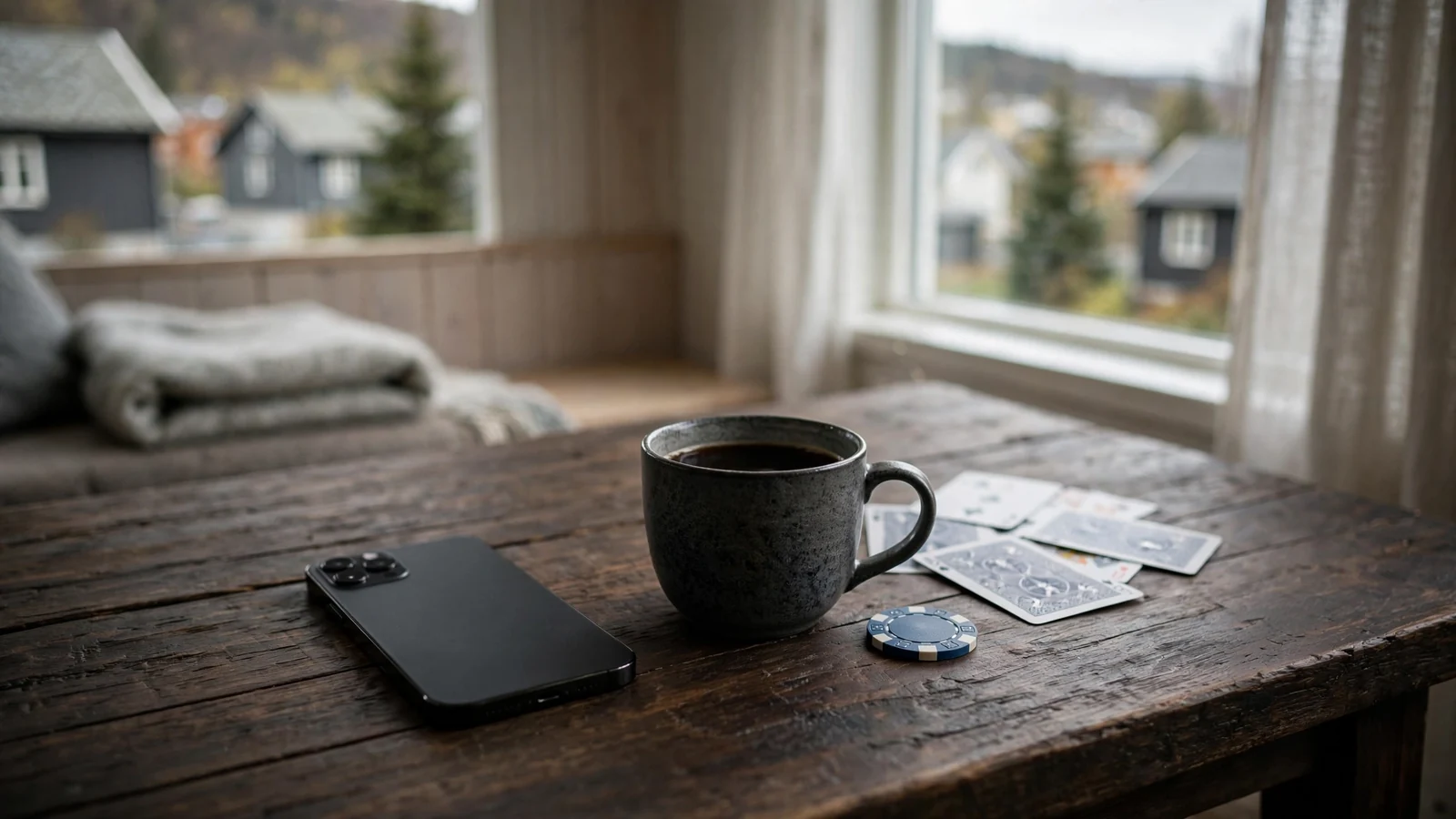 iPhone på et bord med kaffekopp og spillekort i koselig nordisk interiør