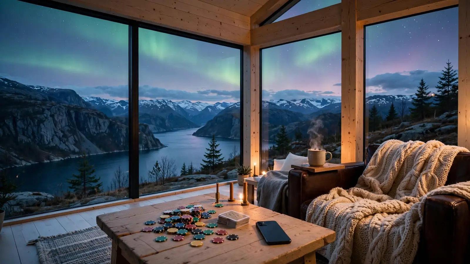 Koselig norsk hytte med fjordutsikt, spillebrikker og kort på bordet