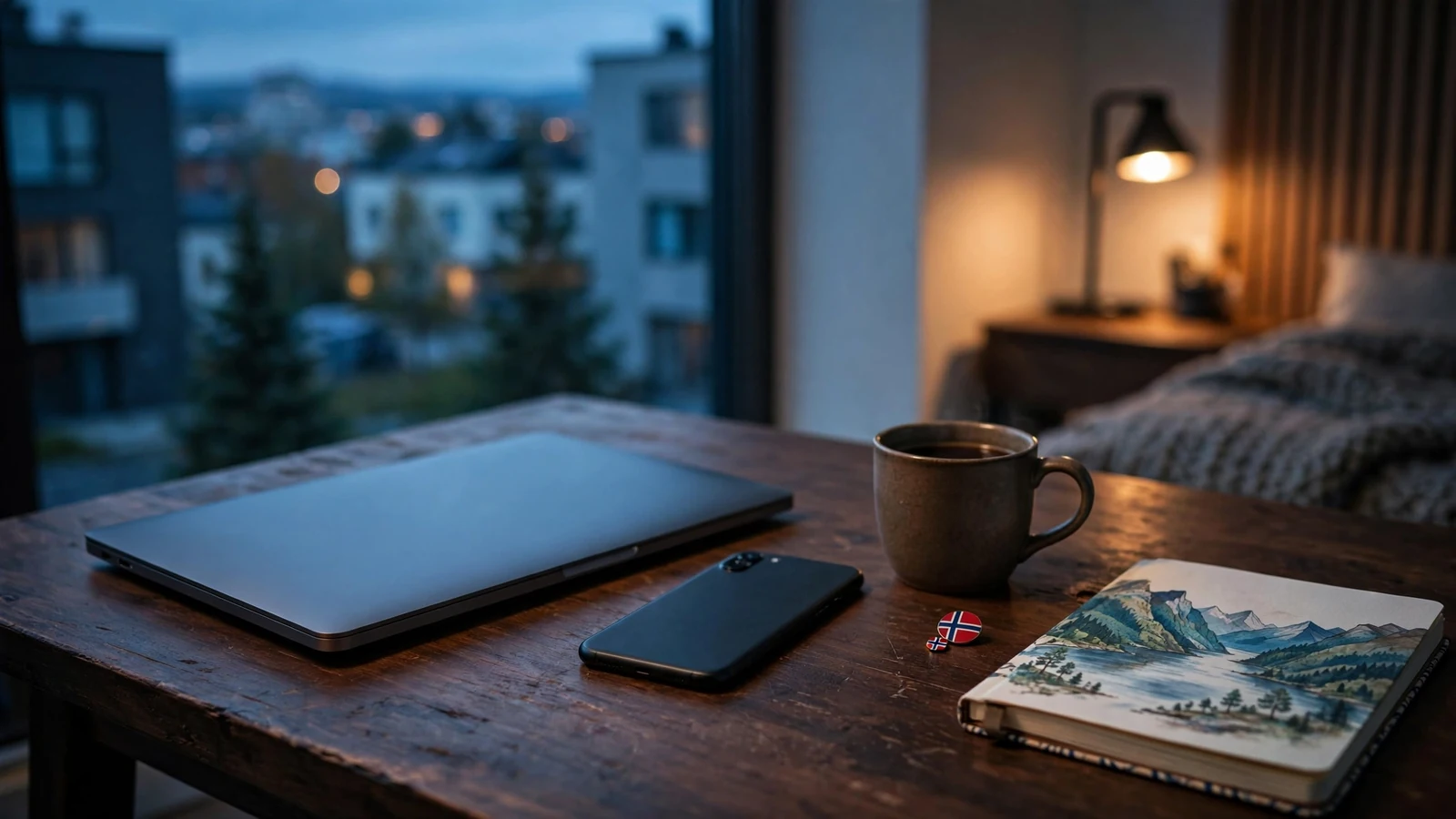 Laptop og telefon på skrivebord i moderne Oslo-leilighet ved skumring