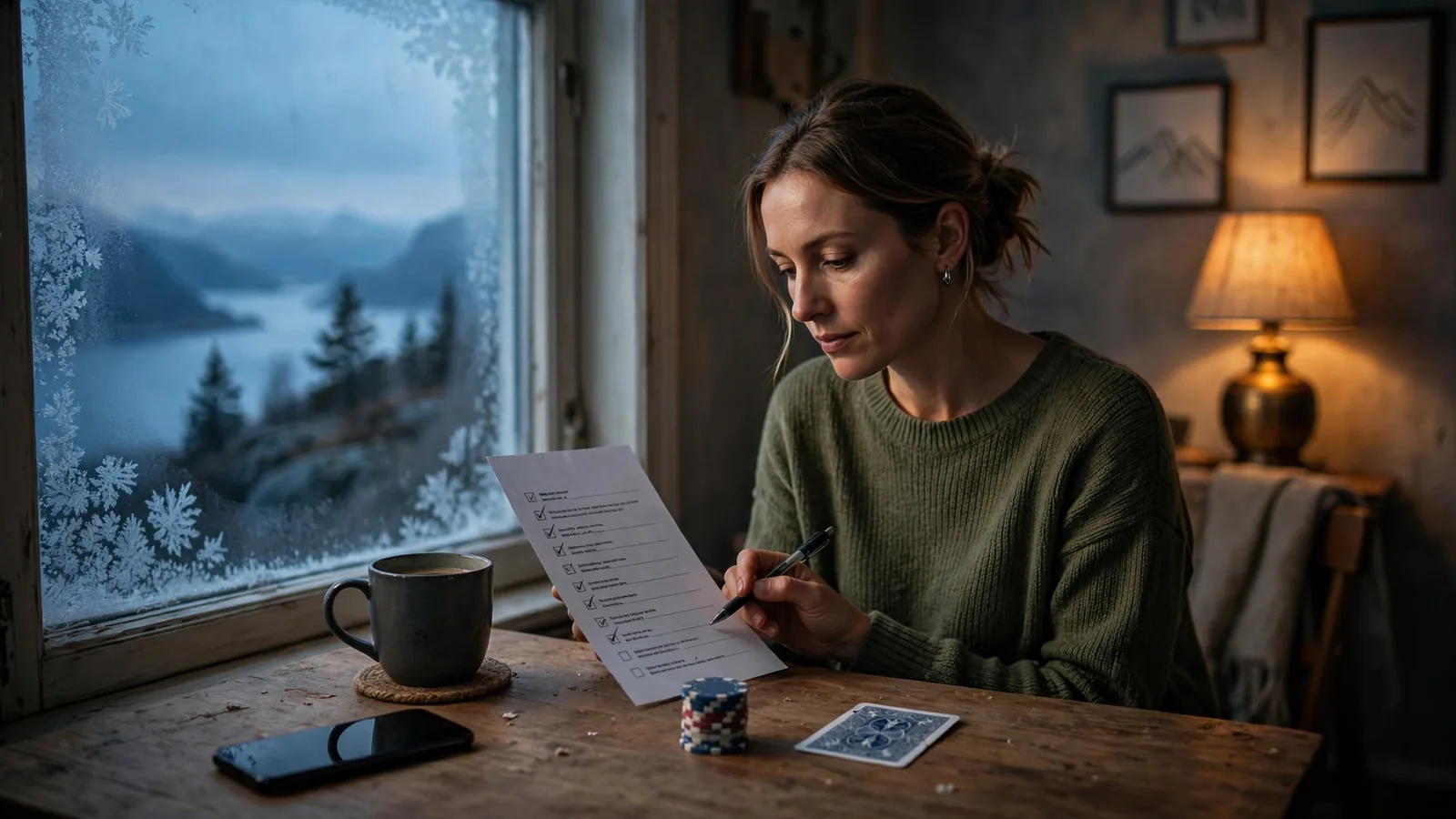 Person som vurderer et tilbud ved et bord med sjekkliste og jetonger