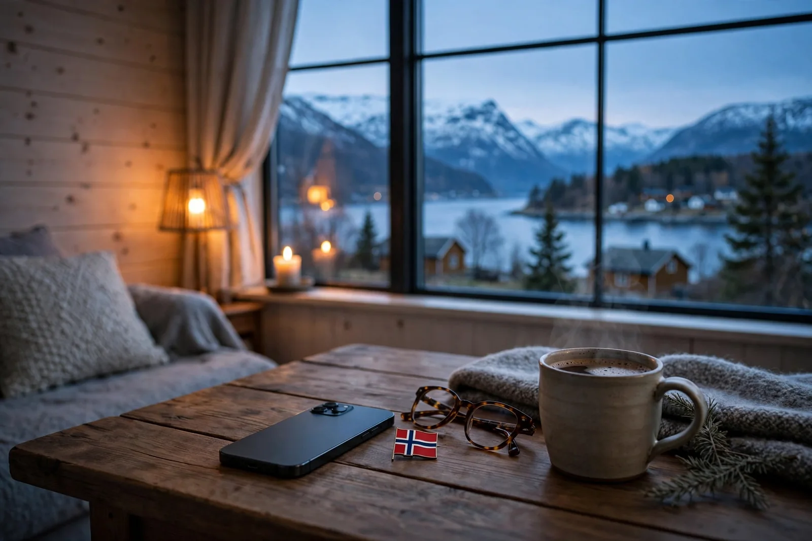 Smarttelefon på et norsk stuebord med fjordutsikt