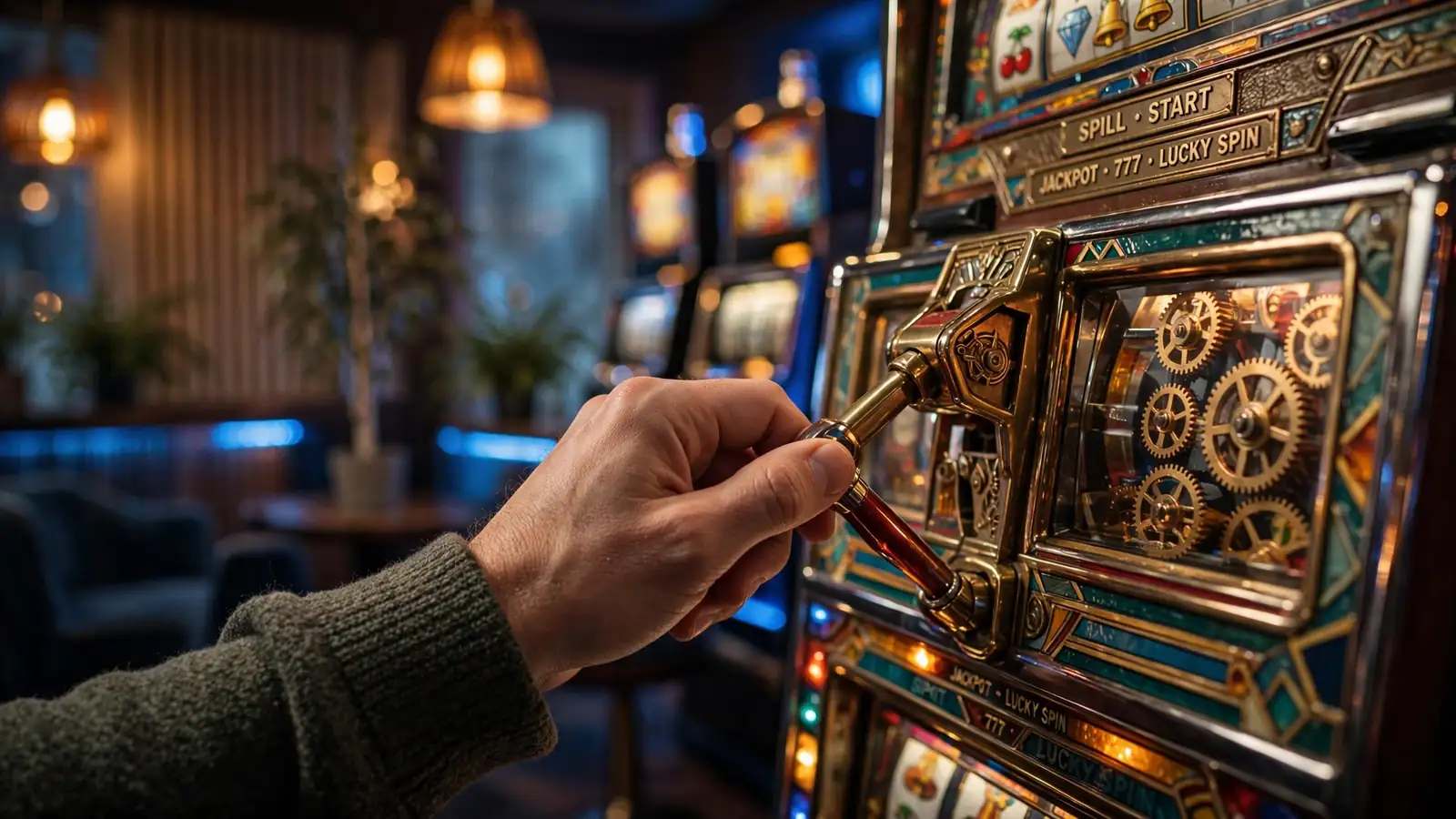 Hånd som trekker i spilleautomatens arm i norsk casino