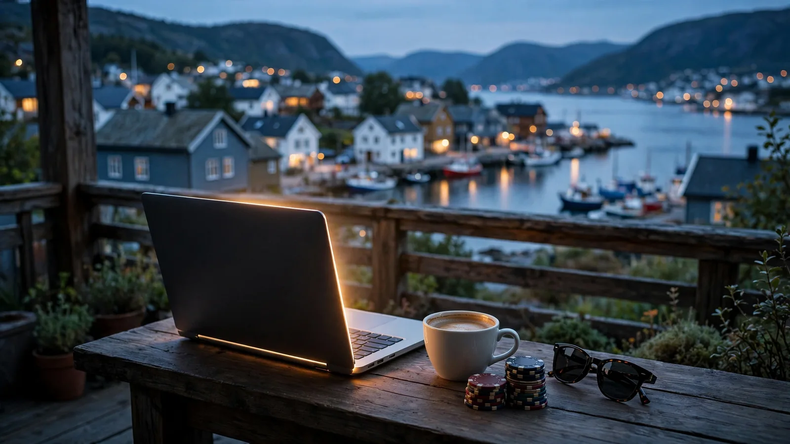 Laptop på balkong med utsikt over norsk fjord ved skumring