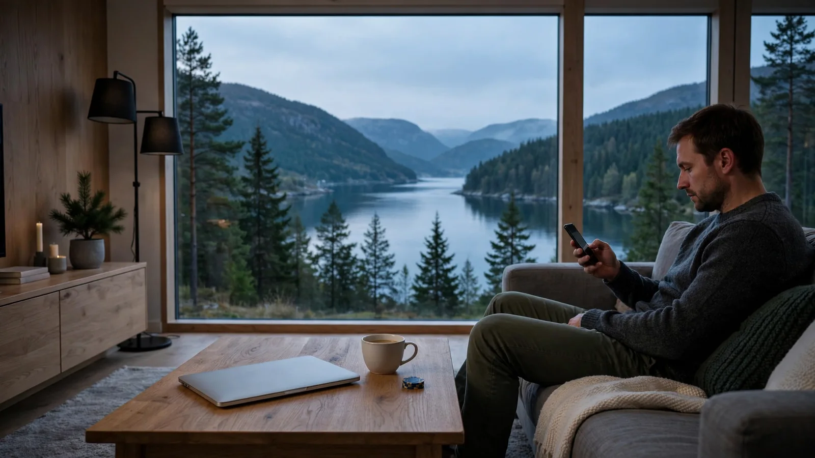 Person i stue med telefon ved inngang til fjordlandskap