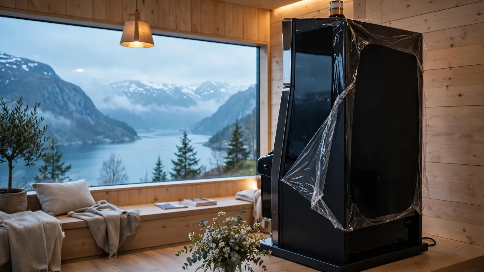 Ny spilleautomat i moderne norsk spillesalong med fjordutsikt