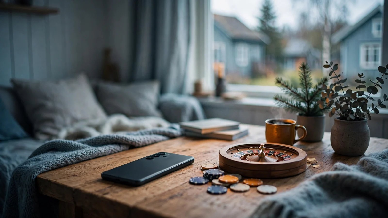 Smartphone vendt ned ved siden av jetonger og roulette på et norsk hjemmebord