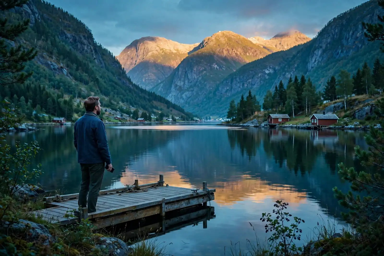 Person på brygge ved norsk fjord med telefon, dempet stemning