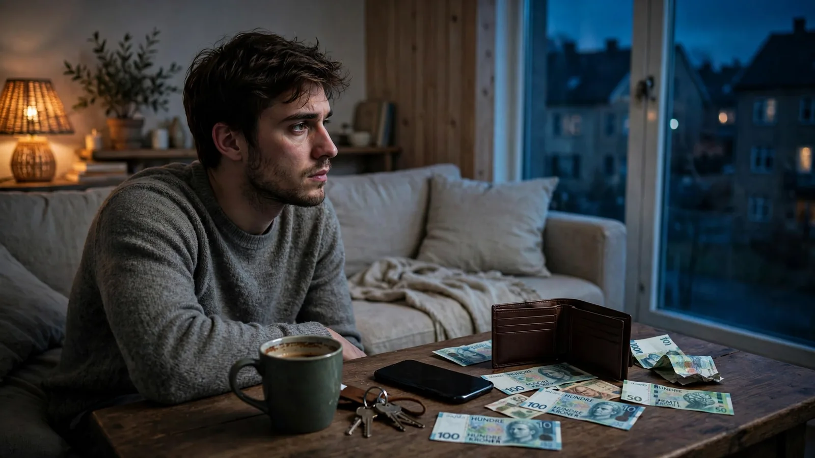 Mann alene i stue om nøkten, telefon snudd ned, tom lommebok på bordet.