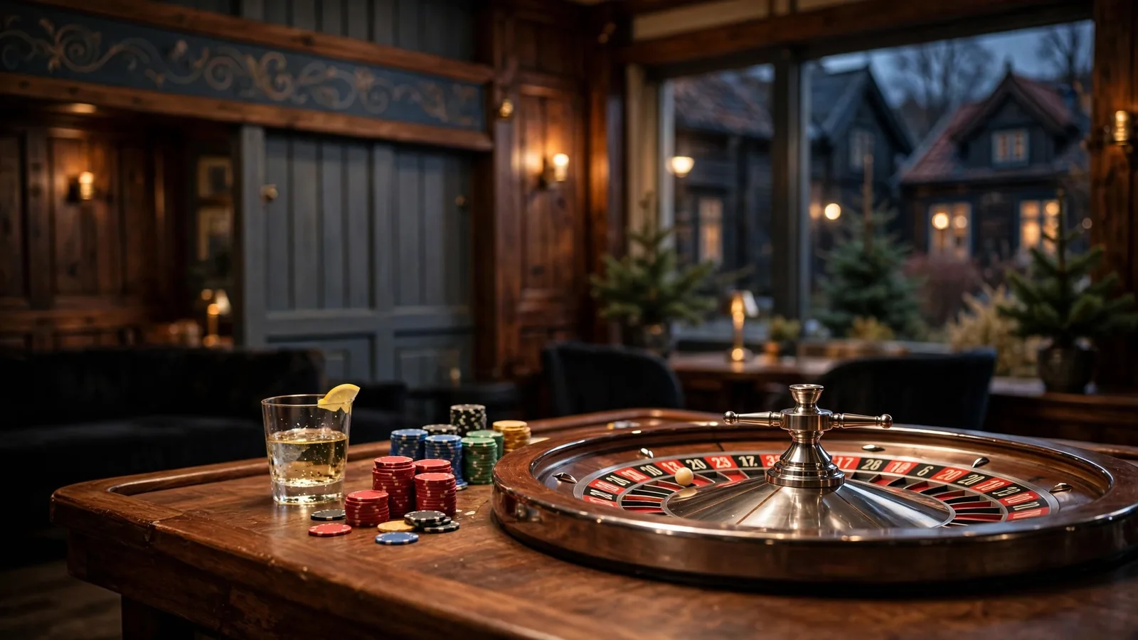 Elegant roulettebord med hjul og jetonger i et dempet casino