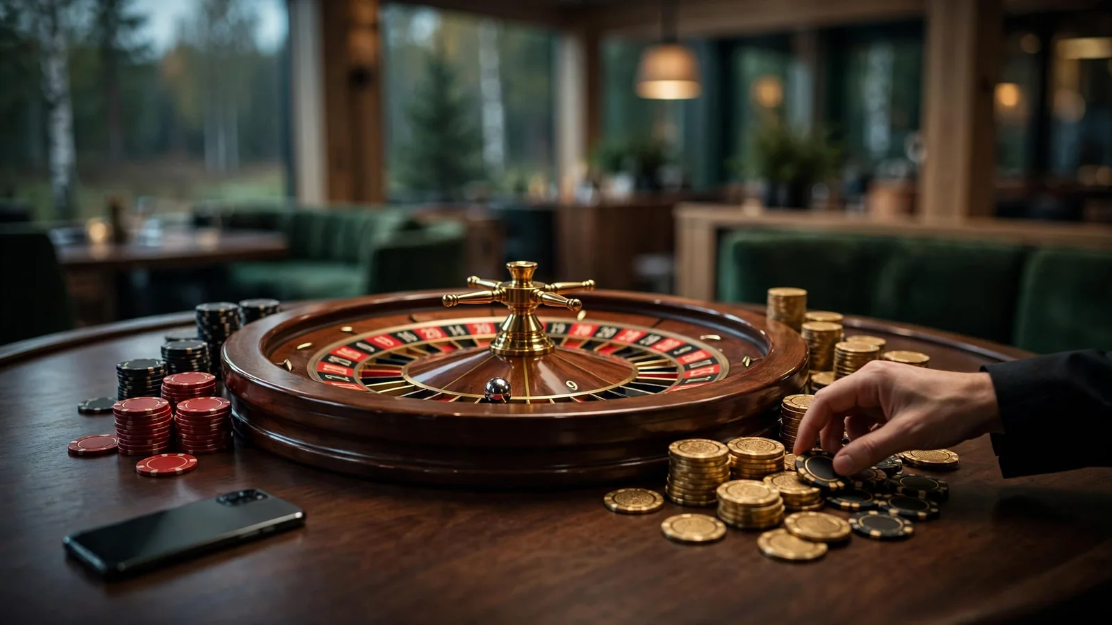 Elegant roulettehjul med fargerike casinobrikker på et mørkt bord