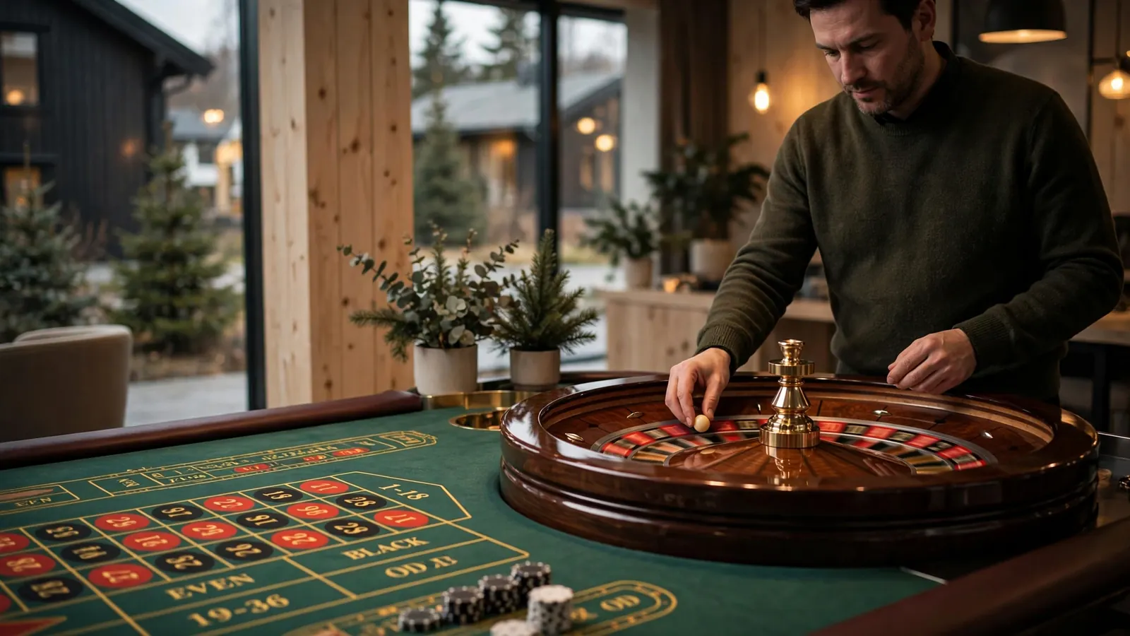 Live roulette-bord med ekte dealer og snurrende hjul i moderne casinostudio