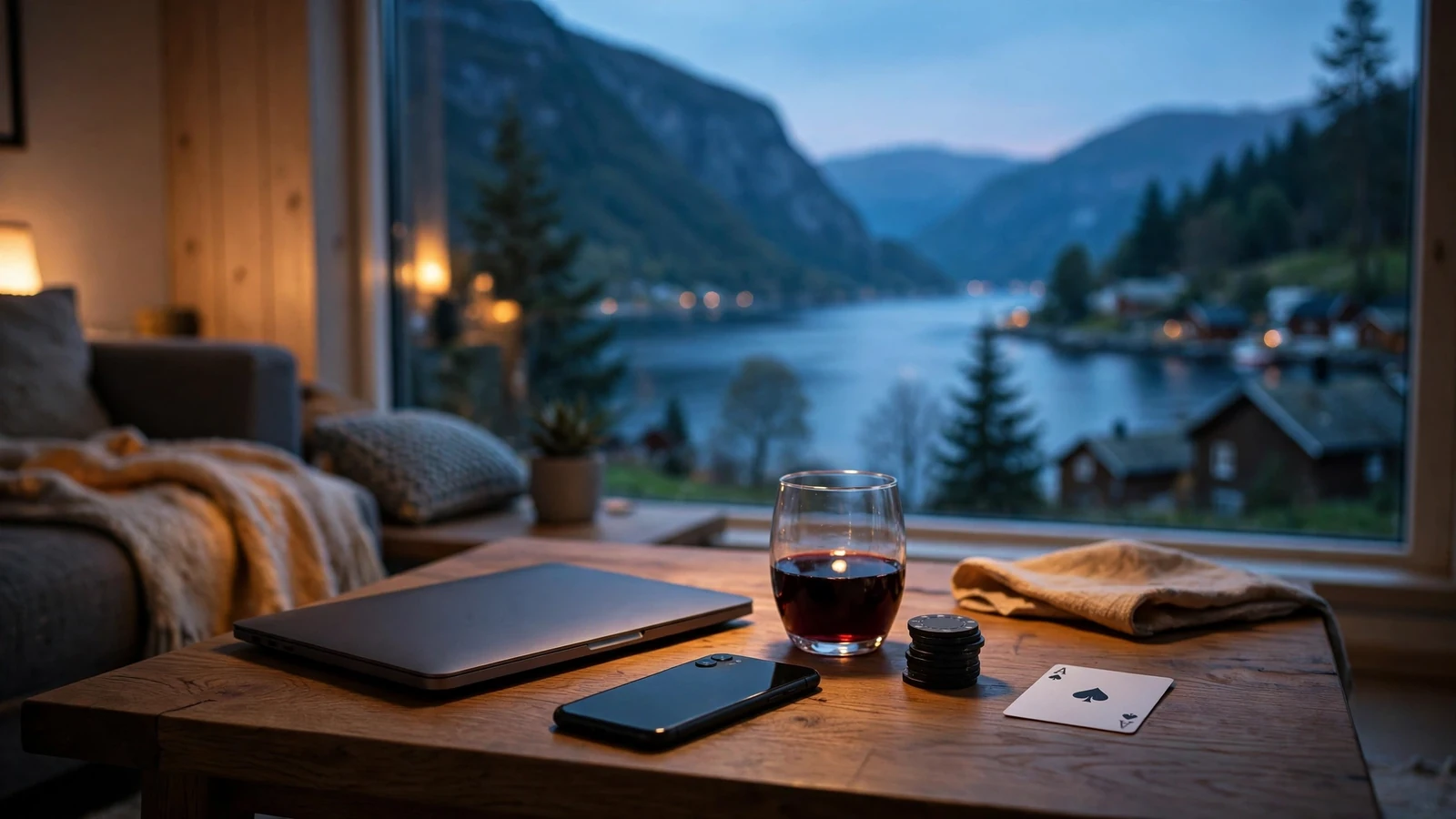Norsk stue med fjordutsikt, lukket laptop og pokerjetonger på bordet