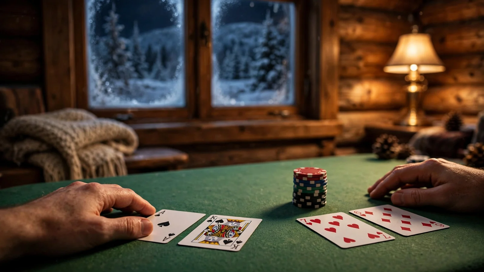 Blackjack-kort og casinokjetter på grønt filtbord i en norsk hytte