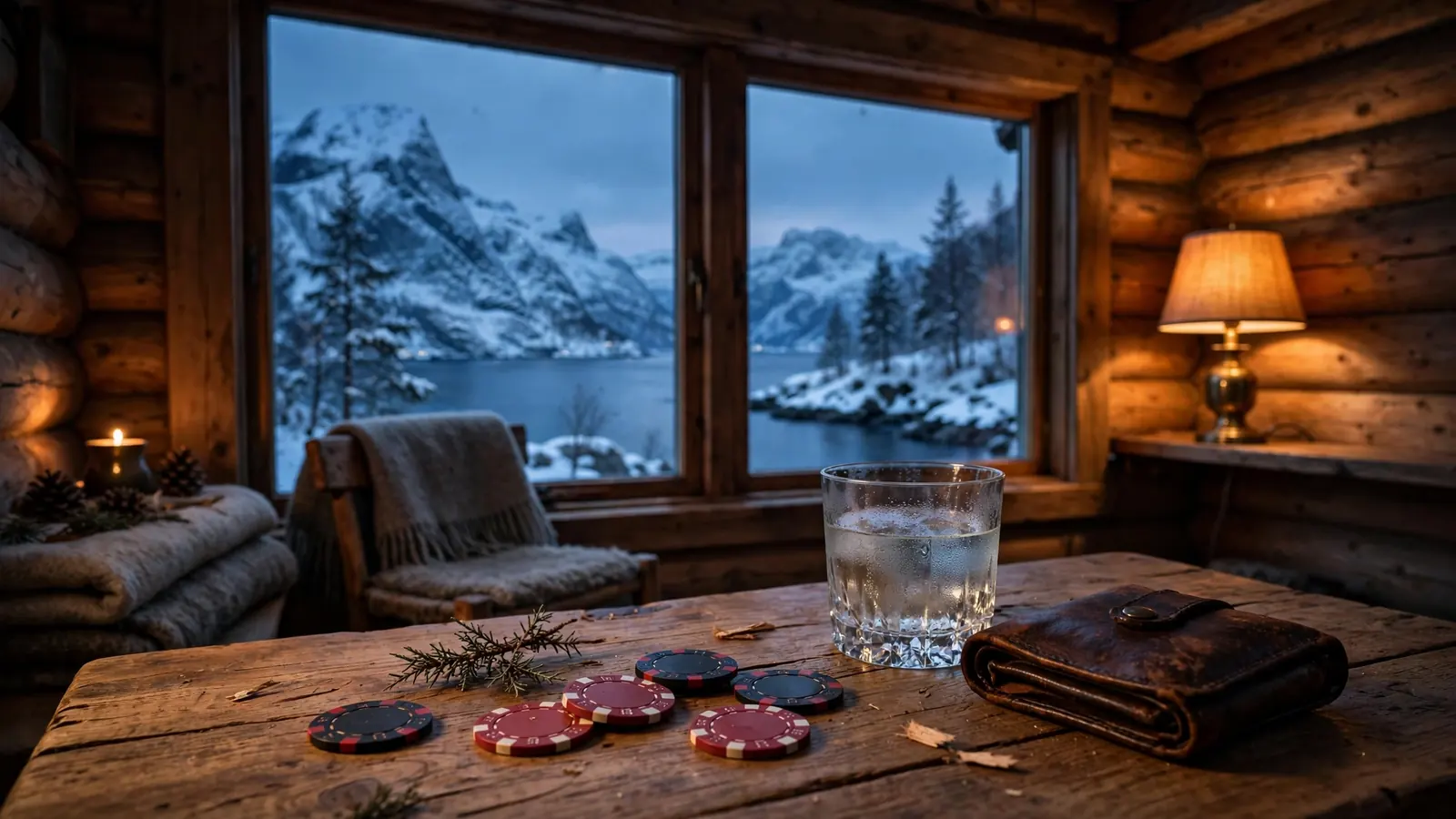Norsk hytte ved skrivebord med spillebrikker og utsikt over fjord