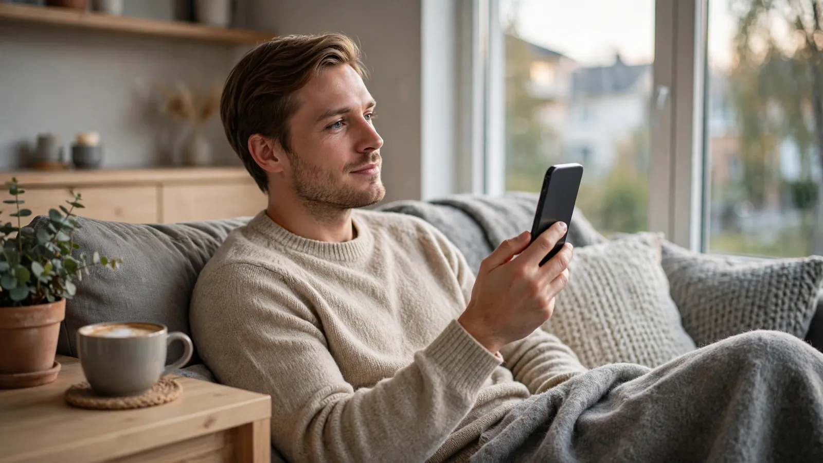 Nordisk person slapper av hjemme med mobilen i hånden