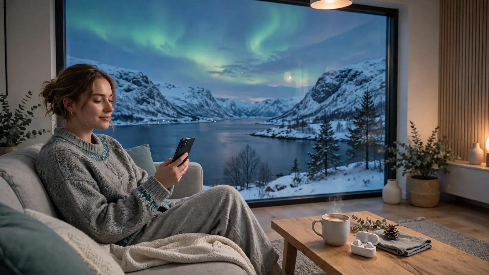 Kvinne slapper av hjemme med kaffe og telefon i moderne norsk stue