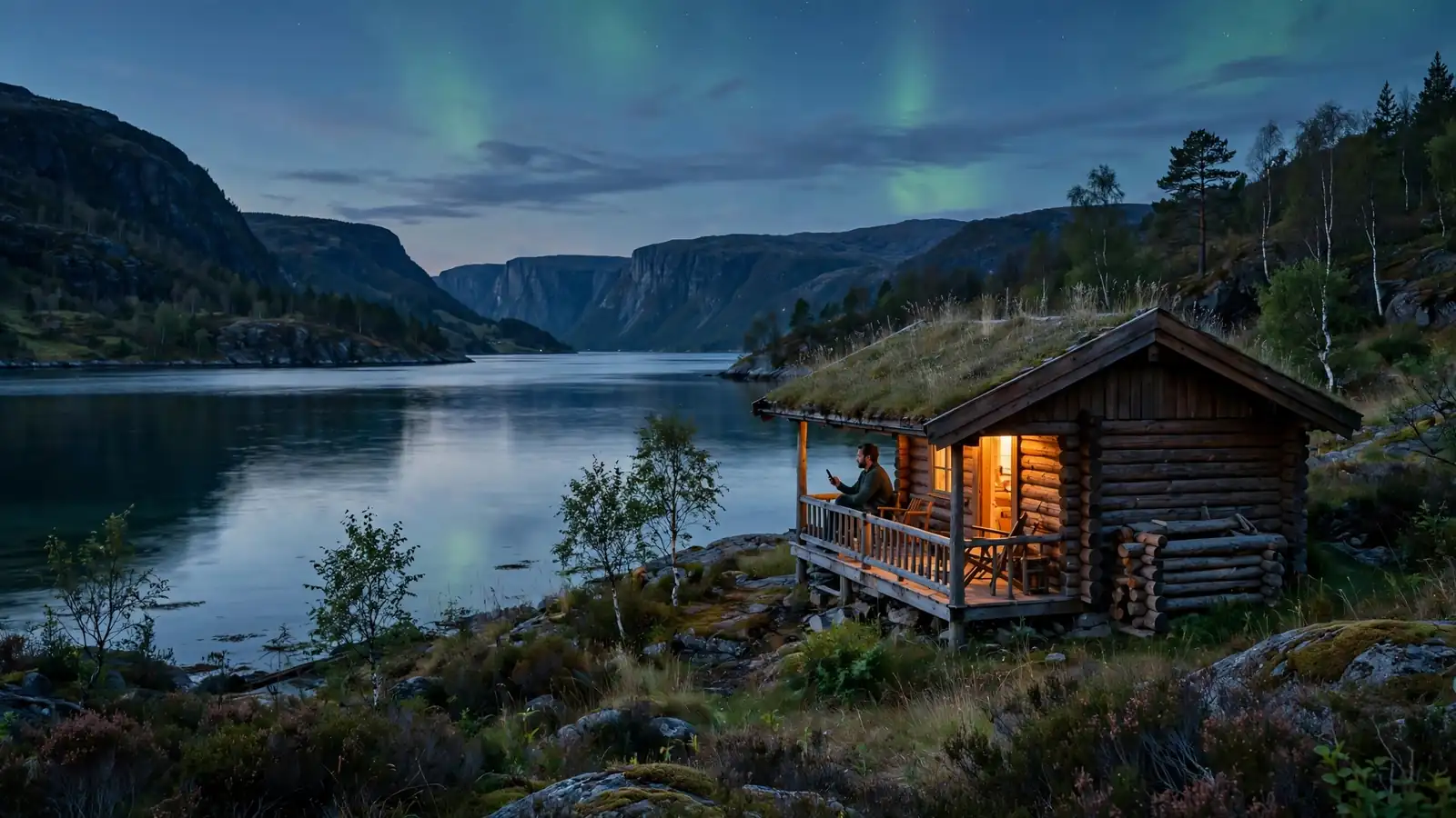Norsk fjord ved skumring med tømmerhytte og person på verandaen