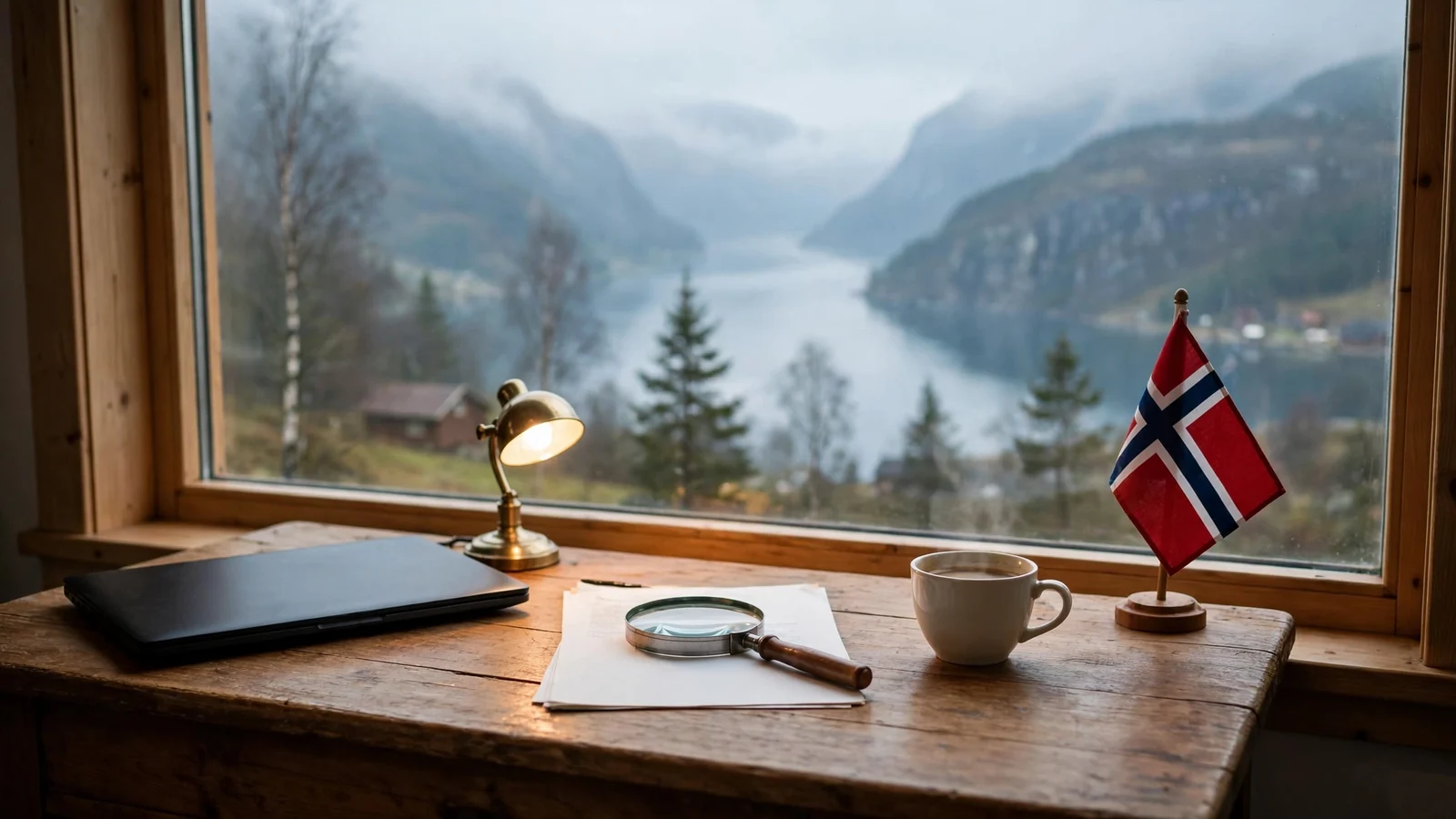 Lukket laptop på trebord med dokument og norsk flagg ved fjordvindu